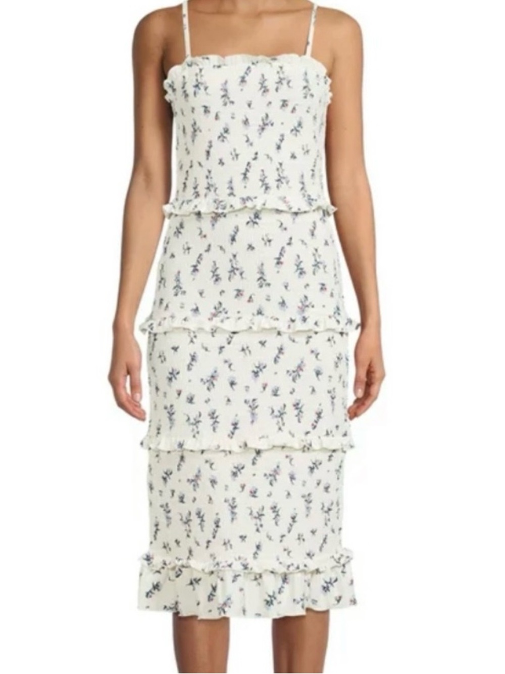 Tiered Floral Midi Smocked Bodycon Dress in Ivory